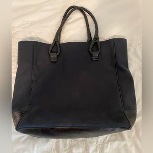 Bottega Venetta Canvas and Leather Tote Navy Blue canvas and Black Leather Trim